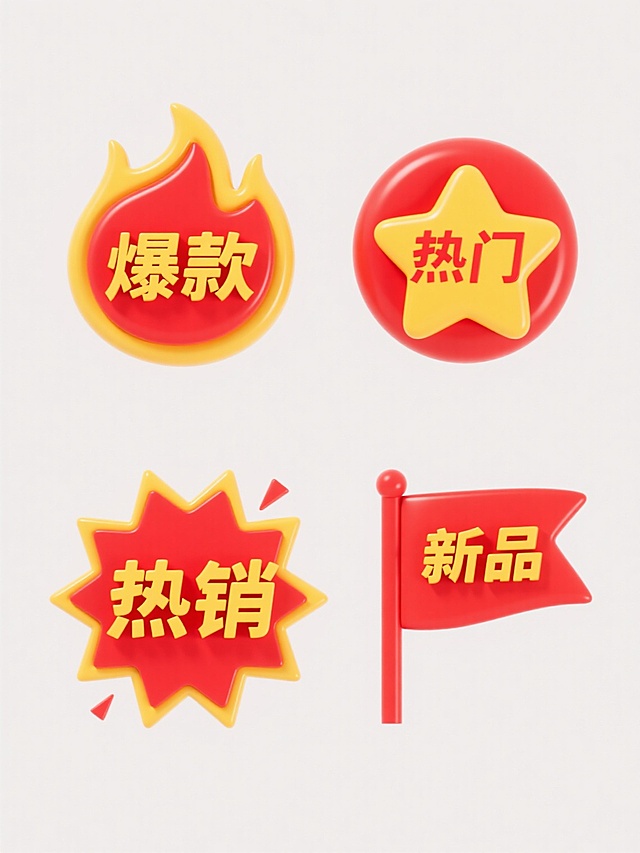 四个不同造型的爆款元素图标集合，均采用亮红色渐变立体椭圆造型搭配黄色火焰装饰，保持高光反光的光滑质感，分别为火焰状"爆款"图标、星形"热门"图标、爆炸形"热销"图标、旗帜形"新品"图标，统一白色背景，规整横向排列，每个图标内均有对应黄色立体文字，整体保持一致的3D质感和鲜艳色彩对比。