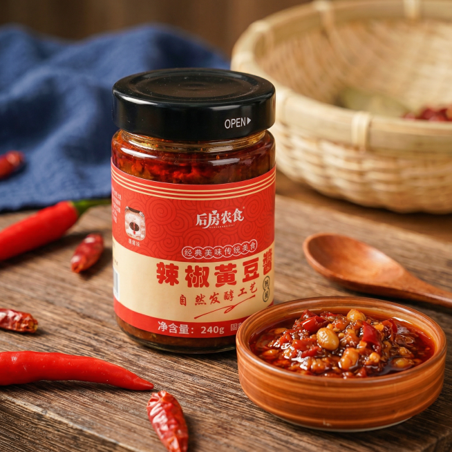 重新生成这瓶辣椒黄豆酱的美食商业摄影场景图，产品本体的形状、结构、图案、文字内容一字不改，文字清晰可辨，不模糊、不替换、不艺术化变形。酱料保留参考图本身的颜色、颗粒大小、酱豆形态、稠度、光泽，绝对不允预览效果