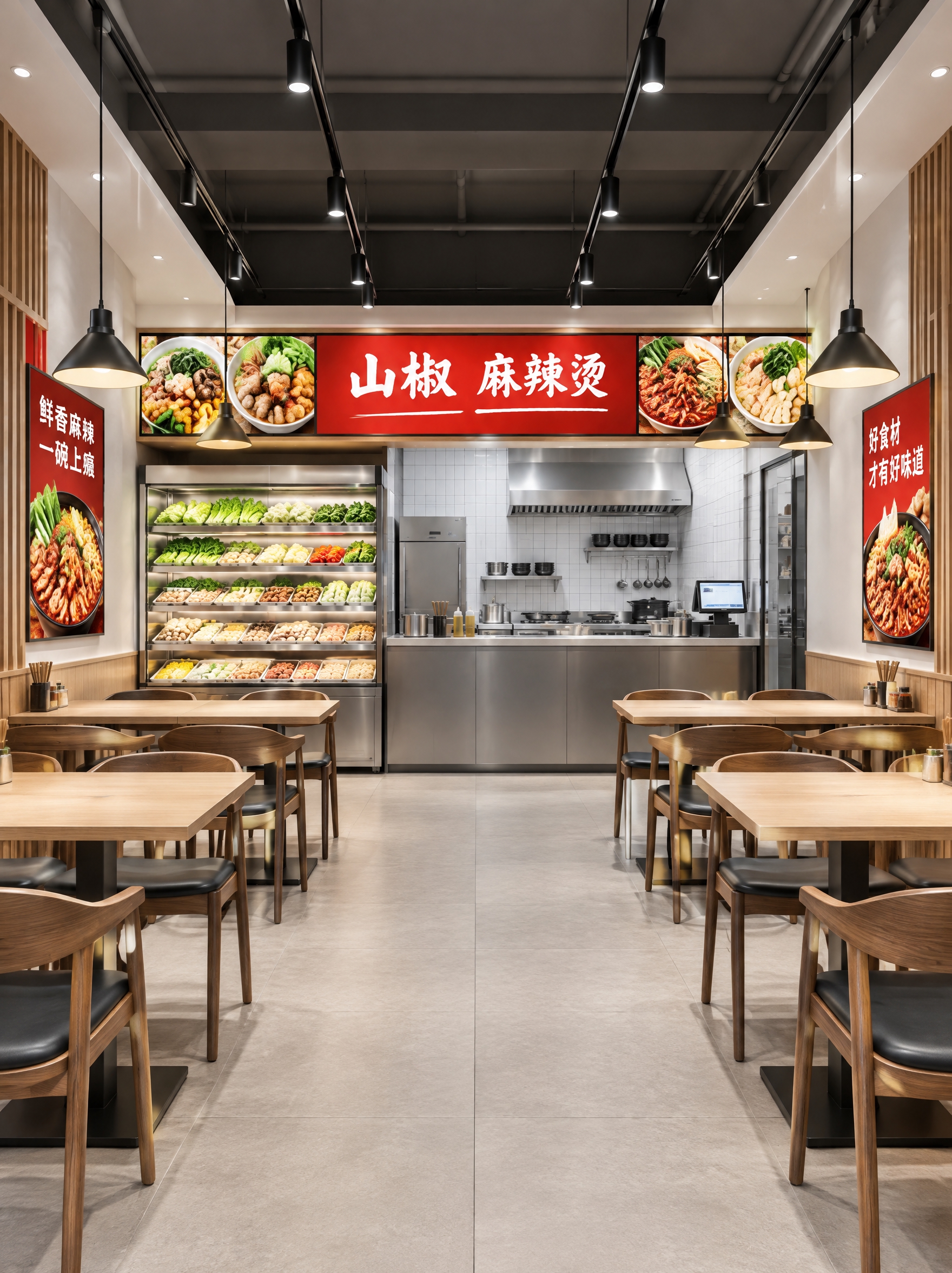 图生图模式：参考4张麻辣烫门店照片的整体风格（现代简约、原木+… - 图片创意预览