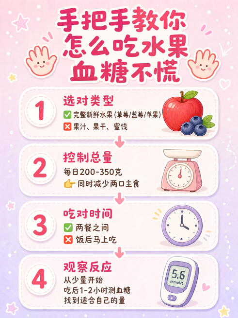 浅粉色浅紫色渐变手帐背景，步骤清单风格，温柔可爱。画面中有四个竖向排列的圆角卡片，每个卡片左侧有大号圆形数字❶❷❸❹，数字背景为白色带浅色阴影。每个卡片右侧配小图标：❶旁有苹果和蓝莓，❷旁有厨房秤，❸预览效果