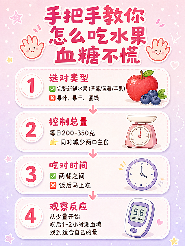 浅粉色浅紫色渐变手帐背景，步骤清单风格，温柔可爱。画面中有四个竖向排列的圆角卡片，每个卡片左侧有大号圆形数字❶❷❸❹，数字背景为白色带浅色阴影。每个卡片右侧配小图标：❶旁有苹果和蓝莓，❷旁有厨房秤，❸旁有时钟，❹旁有血糖仪。卡片之间用小向下箭头连接。画面顶部有深粉色粗体文字：“手把手教你 怎么吃水果 血糖不慌”，旁边有小手图标。卡片内文字：❶“选对类型 ✅完整新鲜水果（草莓/蓝莓/苹果）❌果汁、果干、蜜饯”。❷“控制总量 每日200-350克 👉同时减少两口主食”。❸“吃对时间 ✅两餐之间 ❌饭后马上吃”。❹“观察反应 从少量开始 吃后1-2小时测血糖 找到适合自己的量”。背景有手绘点点和星星装饰。比例3:4，不要出现针管注射器，不要出现“必须”“一定”等绝对化指令，不要展示果汁或切碎水果