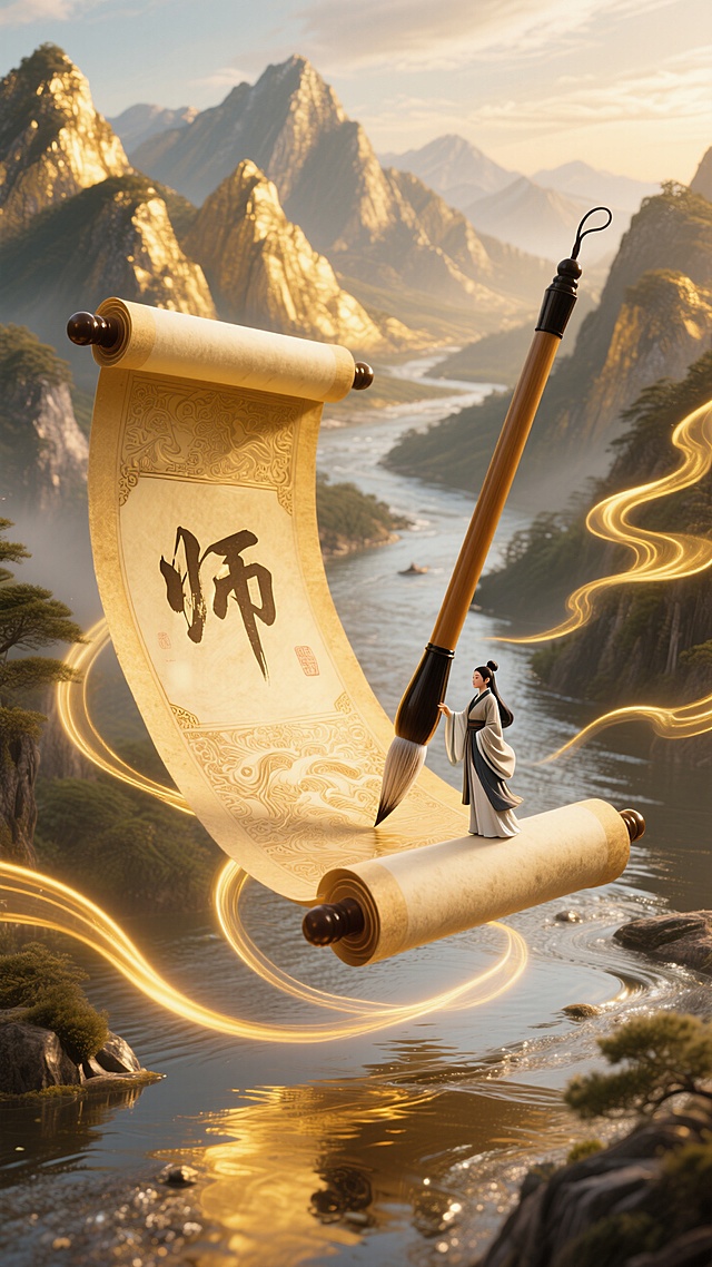 磅礴金黄的山脉间：一个以动态感强的巨型且精致的卷轴展开漂浮在空中，一个微缩女夫子（站在卷轴上），一个巨型毛笔写“师”，动态的流光线条延伸至空中；金属质感的河水流经群山。整体暖黄色调、明亮氛围。