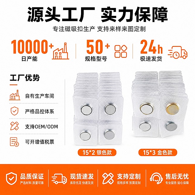 [主图-4] 工厂实力与服务保障图，全面展示工厂产能、品质、服务等综合实力，强化源头工厂信任背书。
[统一基调] 干净纯白背景，橙色作为工厂主强调色，主标题用黑色粗体字，数据数字用橙色超大号字体，辅助说明用深灰色小字，图标用橙色线性图标，整体风格工业大气、专业可信。
[画面] 画面顶部有醒目的工厂实力主标题。中部分为上下两区：上区展示3组核心工厂数据，每组用橙色超大号数字+黑色说明文字，数据旁配简约橙色线性图标；下区左侧展示工厂生产/仓储场景的简约示意（用图标和文字组合，不出现真实人物），右侧展示15*2和15*3两种规格的产品小图并排。底部有一条橙色通栏服务条，展示工厂服务承诺。画面整体信息丰富但不杂乱，工厂感强。
[光影质感] 工业设计感，产品小图保持商业摄影质感，金属磁面干净反光，透明壳通透。图标和数据区域为扁平化设计，与产品图风格协调统一。
[配色] 背景纯白色，主标题黑色，核心数据数字橙色（#FF7A00），图标橙色，说明文字深灰色，底部通栏橙色底白字。整体配色白、黑、灰、橙四色，工业感强。
[文字版式] 顶部主标题黑色超粗体大字「源头工厂 实力保障」，下方一行深灰色小字「专注磁吸扣生产 支持来样来图定制」。中部上区3组数据横向排列：第一组橙色超大数字「10000+」+黑色小字「日产能」+橙色工厂图标；第二组橙色超大数字「50+」+黑色小字「规格型号」+橙色规格图标；第三组橙色超大数字「24h」+黑色小字「极速发货」+橙色发货图标。中部下区左侧「工厂优势」黑色小标题，下方4条竖排黑色短卖点：「自有生产车间」、「严格品控体系」、「支持OEM/ODM」、「可开增值税票」。中部下区右侧两颗产品小图（15*2银色和15*3金色）并排，下方各有标注。底部橙色通栏内白色字体均匀排列：「品质保证」、「现货速发」、「支持定制」、「售后无忧」。所有文字横排，清晰可读，层级分明。
[输出要求] 比例1:1，2048×2048px，2K清晰度，文字清晰无错字，产品小图清晰，画面整洁有工厂专业感，无水印、无平台logo、无真实人物。负向：模糊、变形、错字、杂乱背景、水印、真实人物照片、花哨装饰。