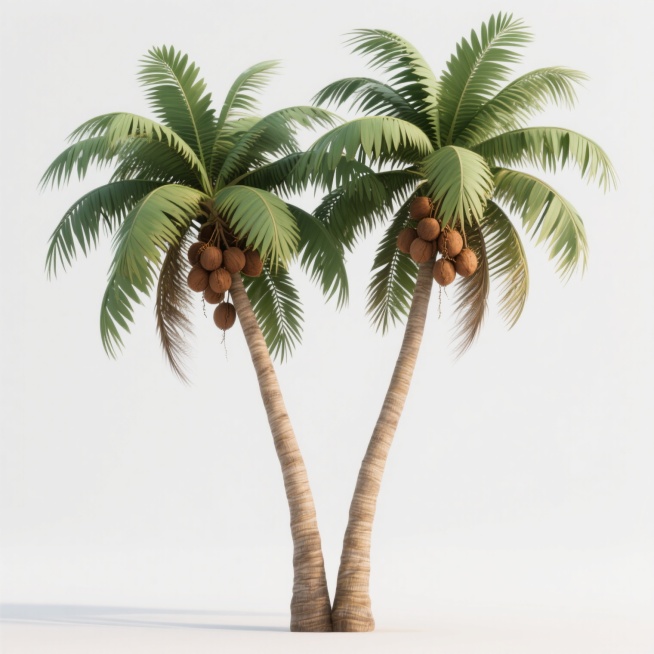 两棵高大挺拔的椰树，树干修长呈自然浅棕色并带有细密纹理，底部微微弯曲相互靠近形成优美弧度，茂密的绿色椰叶向四周舒展，叶片宽大且呈现深浅不一的绿色，边缘有自然锯齿状，叶间挂满沉甸甸的棕色椰子成串垂下，整体采用3D写实风格，光影效果自然，椰叶质感清晰可见，细节真实度高，背景为纯白色预览效果