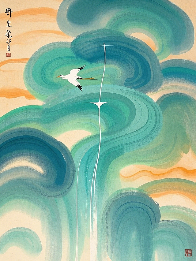 青云直上的背景，是青色的祥云，一行白鹭上青天