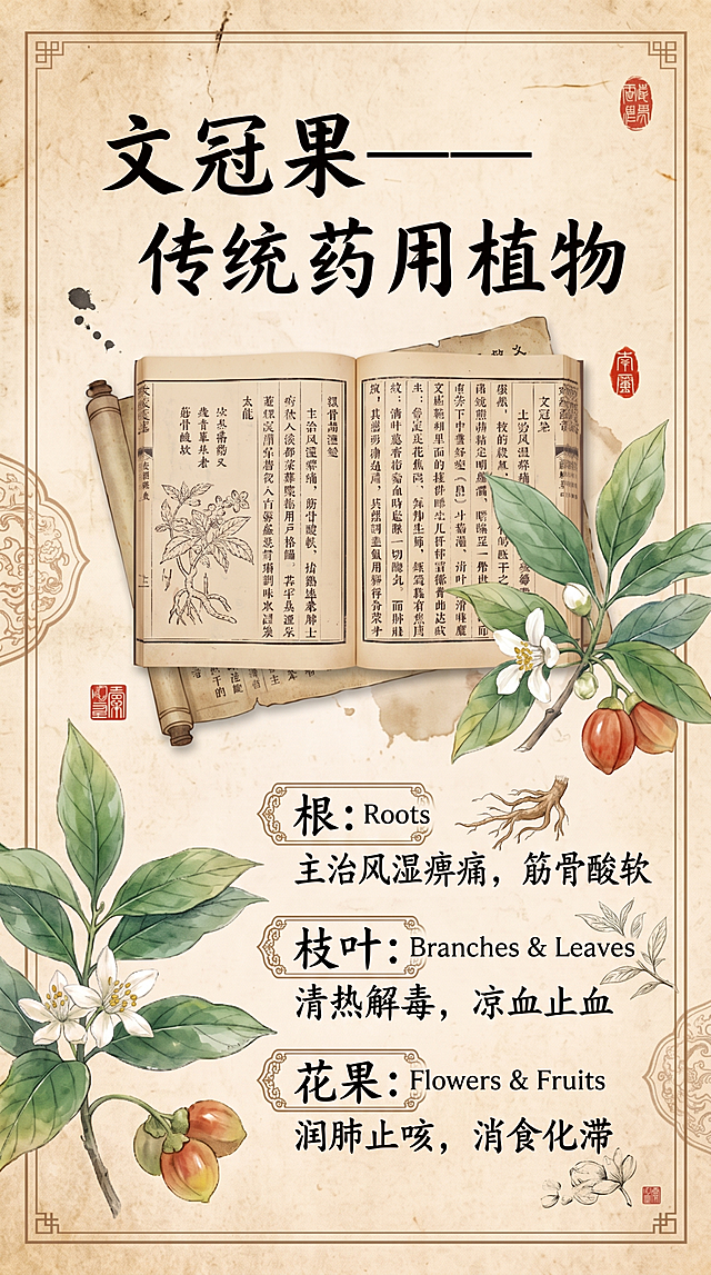 重新优化生成第三张文冠果药用价值竖版彩页，笔记本内页设计，国风复古纸张质感，增加排版细节和层次感，清晰展示各部位药用功效，提升设计感，保持整体国风统一，适合书本印刷。