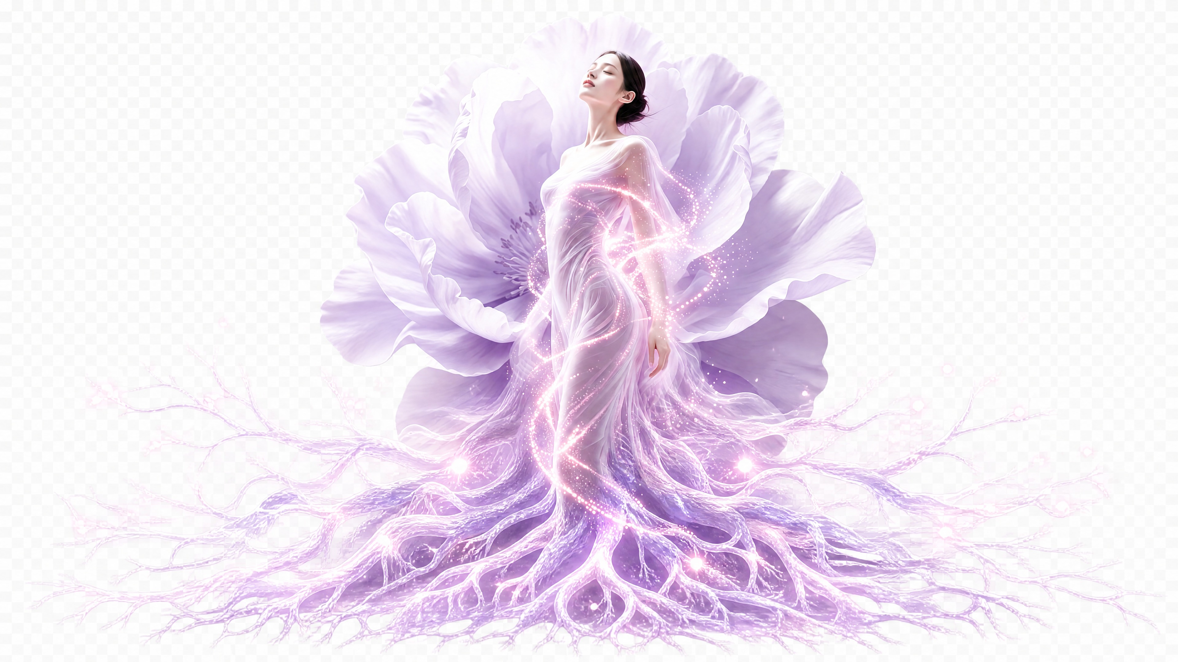 基于参考图，在人物下方延伸出梦幻发光的紫色根系，根系如水晶般通… - 图片创意预览