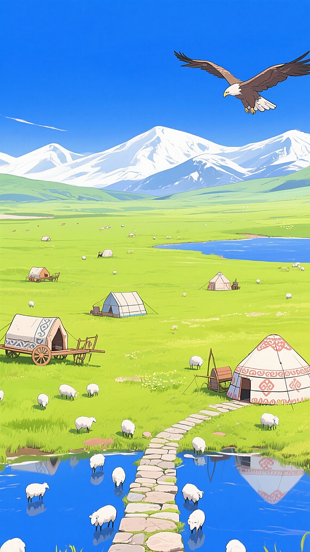 二次元，草原，大平原，细节丰富，绿色和蓝色，民族风，生成2张，不要人，4k，9:16