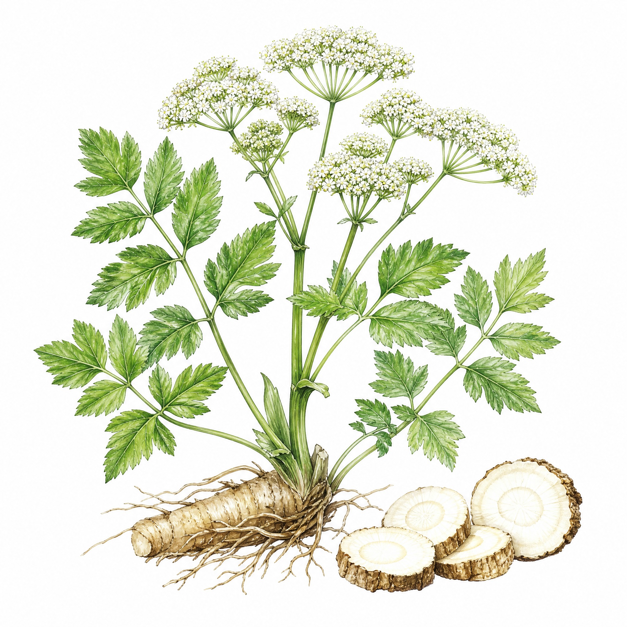 白芷草本植物手绘插图，展示完整的白芷植株，包括绿色羽状复叶、白… - 图片创意预览