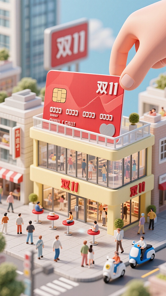 主体为巨大的银行卡造型建筑，上方伸出一只肉色的手做要刷卡的动作。红色卡身搭配浅黄色‘’，设有全落地玻璃窗和现代感阳台，商场上一个竖着的大大的广告牌上写“双11”字体（不在银行卡上），商场为浅黄色调，有红色点缀。人们在高脚椅上小憩或购物，街景环绕着摩登商场、蓝白相间的电动车、快节奏人群，整体气氛高效、有序、现代，前面有个广场。