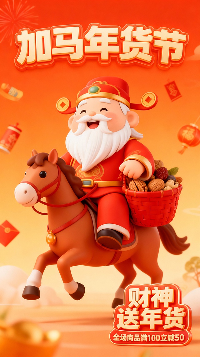 3D卡通风格，Q版骑着骏马的胖财神爷形象（白长胡须），图中主体被装在财神身上背着的红色竹篓里。橙红色渐变背景，点缀漂浮的喜庆感春节元素，暖色调。顶部标题“加马年货节” 大字字体（字体轻微变形），右下角3D立体文字圆角矩形标（“财神送年货”“全场商品满100立减50”）