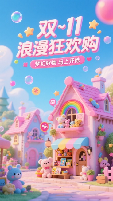 营造童话梦境风格，主色调为粉色与天蓝色，画面呈现梦幻的童话小镇，有写着 “双 11 浪漫狂欢购” 的彩虹色招牌，小镇里的房屋上摆满了可爱的毛绒玩具、童话绘本等商品，空中飘着彩色的泡泡和星星形状的折扣标预览效果