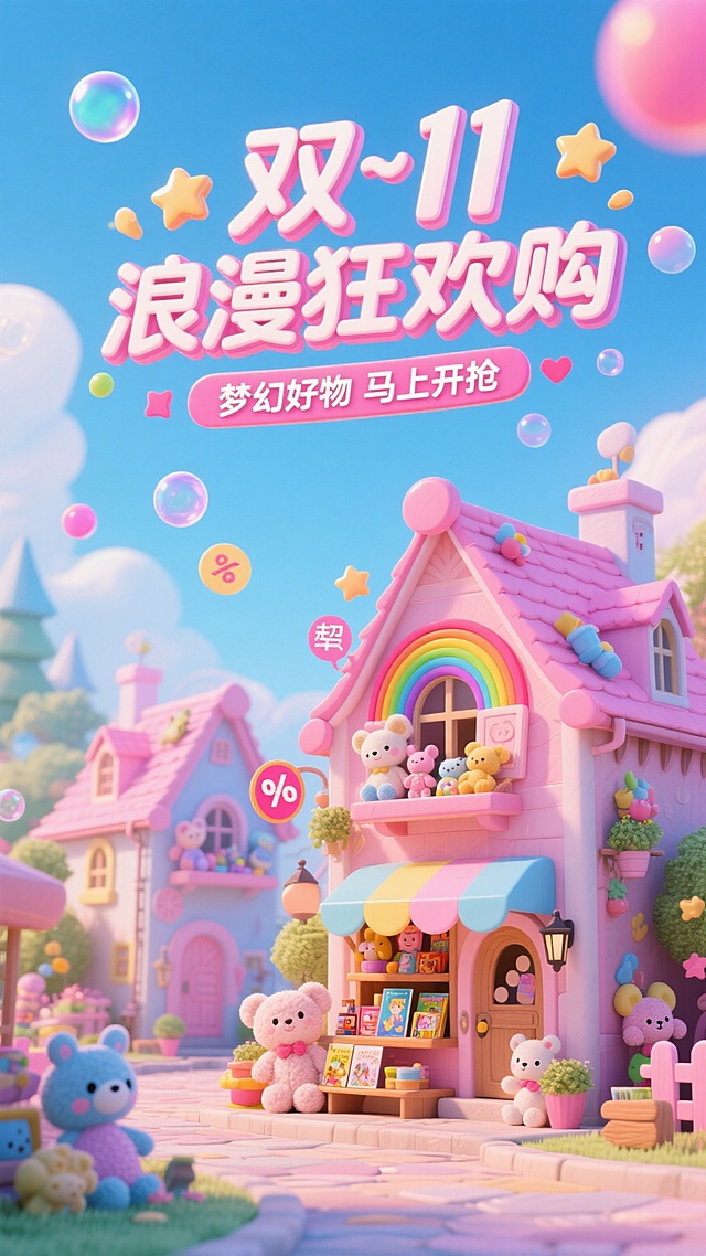 营造童话梦境风格，主色调为粉色与天蓝色，画面呈现梦幻的童话小镇，有写着 “双 11 浪漫狂欢购” 的彩虹色招牌，小镇里的房屋上摆满了可爱的毛绒玩具、童话绘本等商品，空中飘着彩色的泡泡和星星形状的折扣标志，文字用圆润的字体突出 “梦幻好物 马上开抢”。