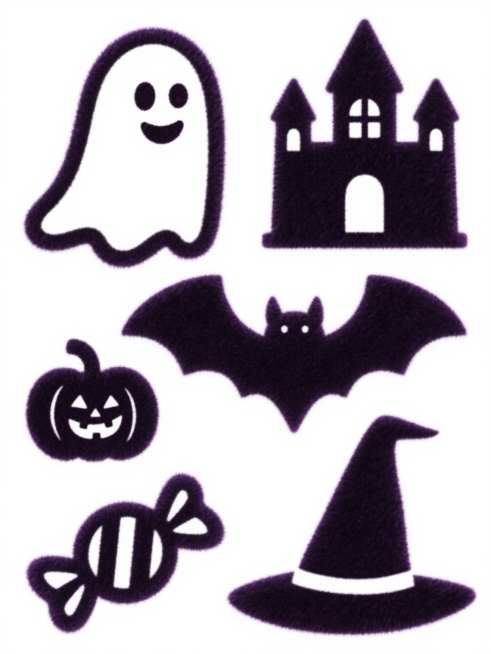 一套六个万圣节主题图标集合，保持粗粝的黑色植绒质感，白色背景，每个图标轮廓简洁，内部填充纹理均匀，边缘有轻微的毛茸茸效果。包含：1. 微笑幽灵，有飘动的尾部和两个圆形眼睛；2. 尖顶城堡，有塔楼和窗户；3. 展翅蝙蝠，翅膀呈弧形；4. 带笑脸的南瓜灯，顶部有短柄；5. 包裹状的糖果，系有蝴蝶结；6. 锥形巫师帽，顶部有弯曲的尖顶。所有图标大小一致，规整排列，整体色彩调整为深紫色植绒质感，白色背……预览效果
