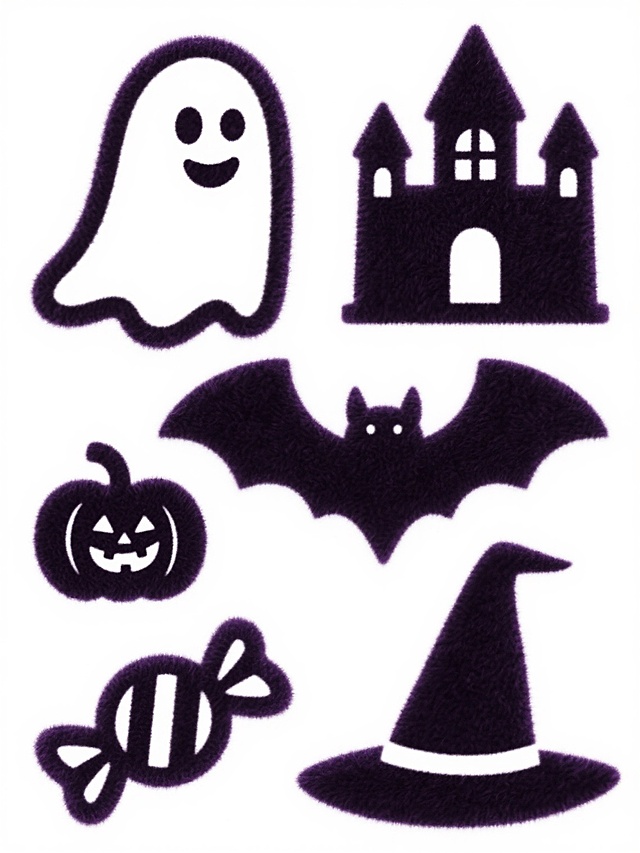 一套六个万圣节主题图标集合，保持粗粝的黑色植绒质感，白色背景，每个图标轮廓简洁，内部填充纹理均匀，边缘有轻微的毛茸茸效果。包含：1. 微笑幽灵，有飘动的尾部和两个圆形眼睛；2. 尖顶城堡，有塔楼和窗户；3. 展翅蝙蝠，翅膀呈弧形；4. 带笑脸的南瓜灯，顶部有短柄；5. 包裹状的糖果，系有蝴蝶结；6. 锥形巫师帽，顶部有弯曲的尖顶。所有图标大小一致，规整排列，整体色彩调整为深紫色植绒质感，白色背景保持不变，风格与原图的植绒材质和简洁剪影设计完全统一。