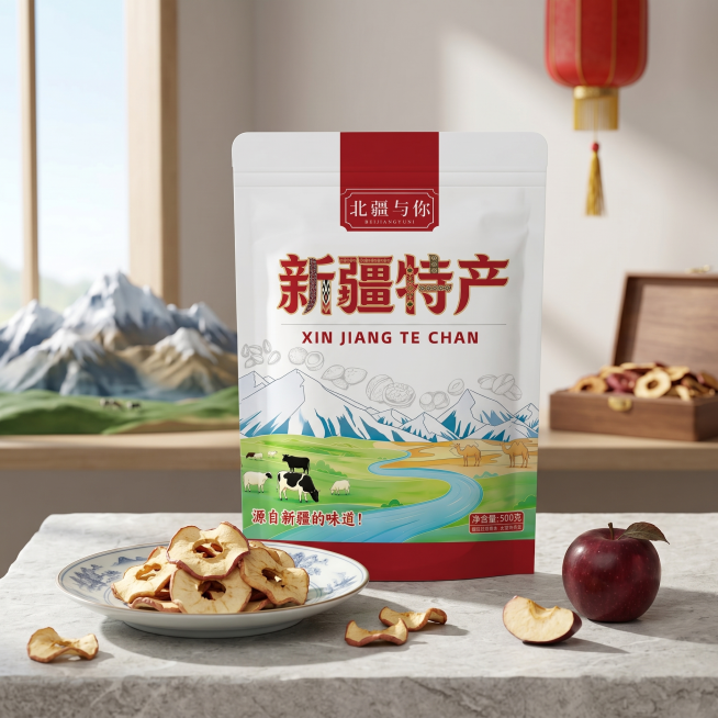 新疆阿克苏苹果干产品主图，展示袋装产品和盘中的干果肉，保持包装袋外观与原图一致，国风设计风格，新疆地域特色，商业实拍，自然光线，色彩自然清晰，1:1构图，超高清预览效果