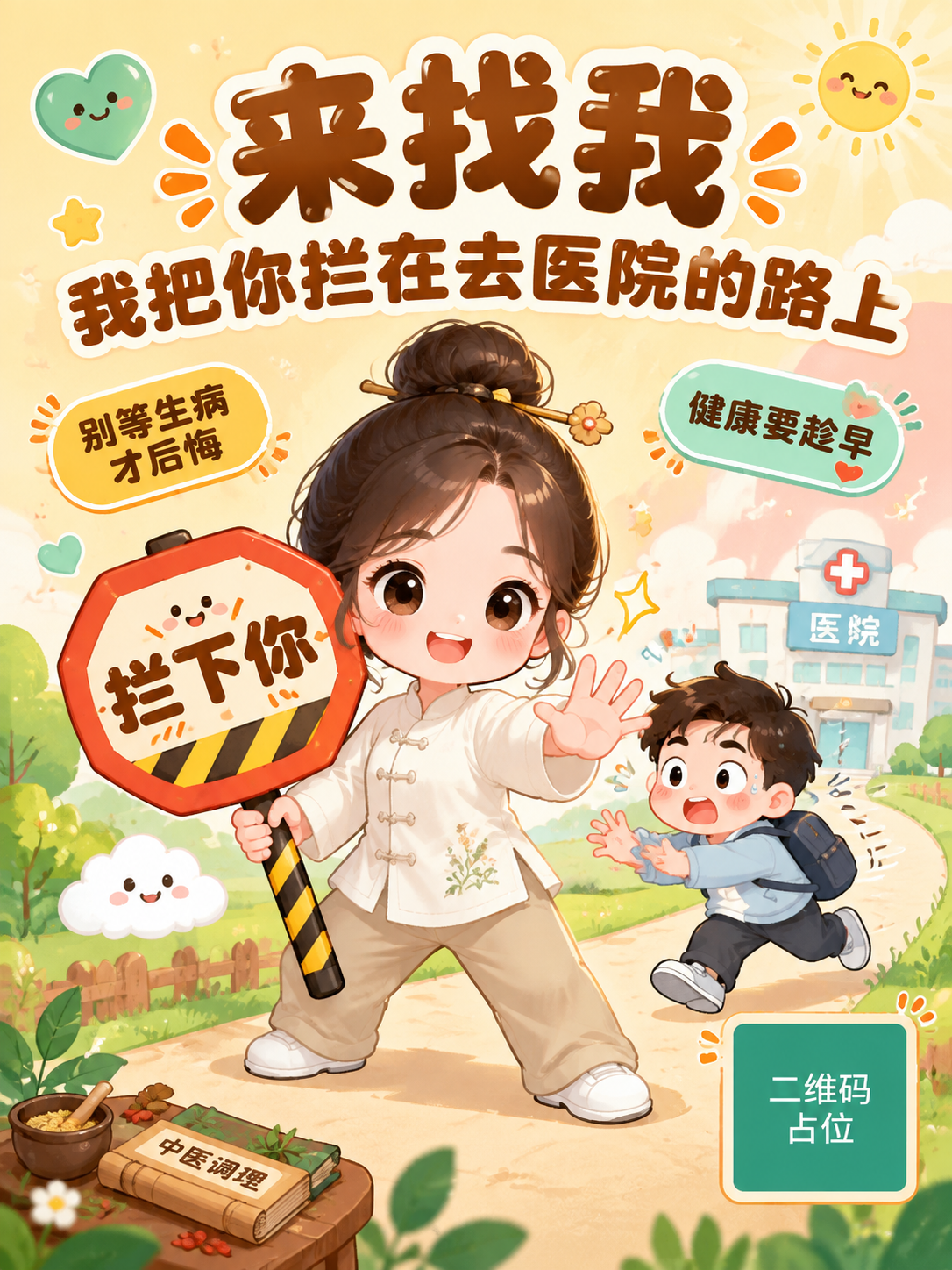一张3:4竖版Q版卡通风格宣传海报，主题是健康调理个人IP，整… - 图片创意预览
