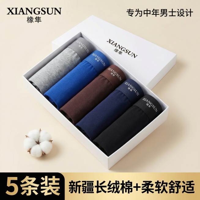 [主图1] 橡隼品牌5条装男士大码平角内裤电商首图
[氛围/风格] 专业商业摄影，8K超高清细节，自然柔和阴影，色彩真实，高级质感，符合拼多多电商主图规范，低清晰度，模糊，噪点，文字乱码，多余元素，L预览效果