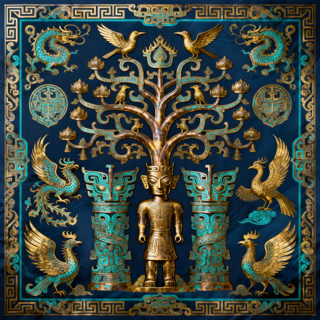 Symmetrical Sanxingdui pattern decorative painting, central bronze sacred tree with sacred birds and预览效果