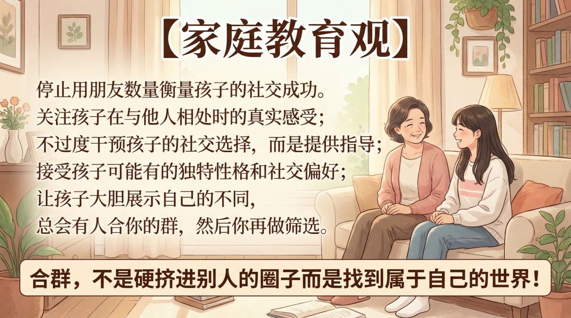 一张家庭教育宣传海报，画面上有一位中年中国女性和一位中国女大学生，图片上必须包含清晰正确的中文文案：标题【家庭教育观】，正文：停止用朋友数量衡量孩子的社交成功。关注孩子在与他人相处时的真实感受；不过度预览效果