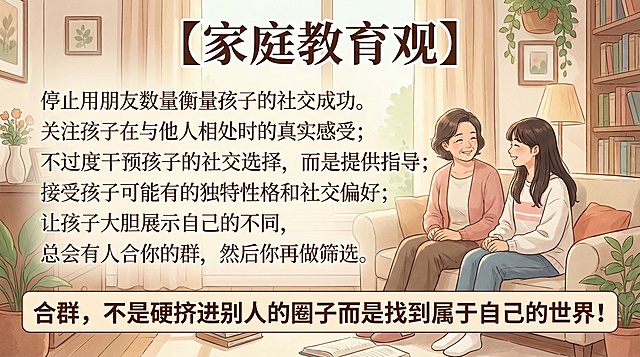 一张家庭教育宣传海报，画面上有一位中年中国女性和一位中国女大学生，图片上必须包含清晰正确的中文文案：标题【家庭教育观】，正文：停止用朋友数量衡量孩子的社交成功。关注孩子在与他人相处时的真实感受；不过度干预孩子的社交选择，而是提供指导；接受孩子可能有的独特性格和社交偏好；让孩子大胆展示自己的不同，总会有人合你的群，然后你再做筛选。结尾标语：合群，不是硬挤进别人的圈子而是找到属于自己的世界！文字书写清晰，排版美观，风格温暖治愈。