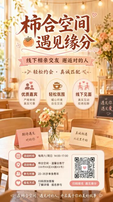 温馨治愈文艺风格的线下相亲宣传海报，9:16竖版，画面整体风格温暖浪漫，适合交友活动。主标题大字号显示"柿合空间 遇见缘分"，副标题标注"线下相亲交友 邂逅对的人"，装饰文字标注"轻松约会 · 真诚匹预览效果