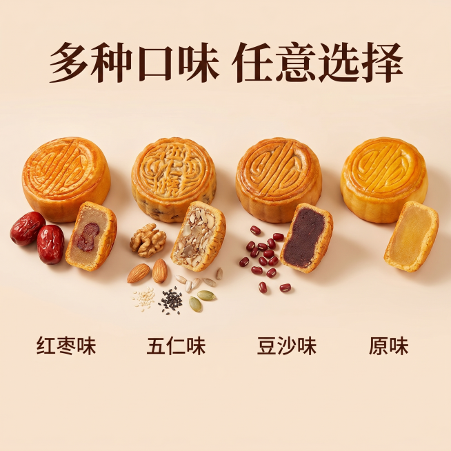 [主图-5] 蛋月烧多口味SKU展示，港式茶点风。
[氛围风格] 整齐陈列，清晰直观，港式暖调
[画质] 商业摄影质感，清晰通透，分辨率2K
[元素] 四种不同口味的蛋月烧整齐排列展示：红枣味、五仁味预览效果
