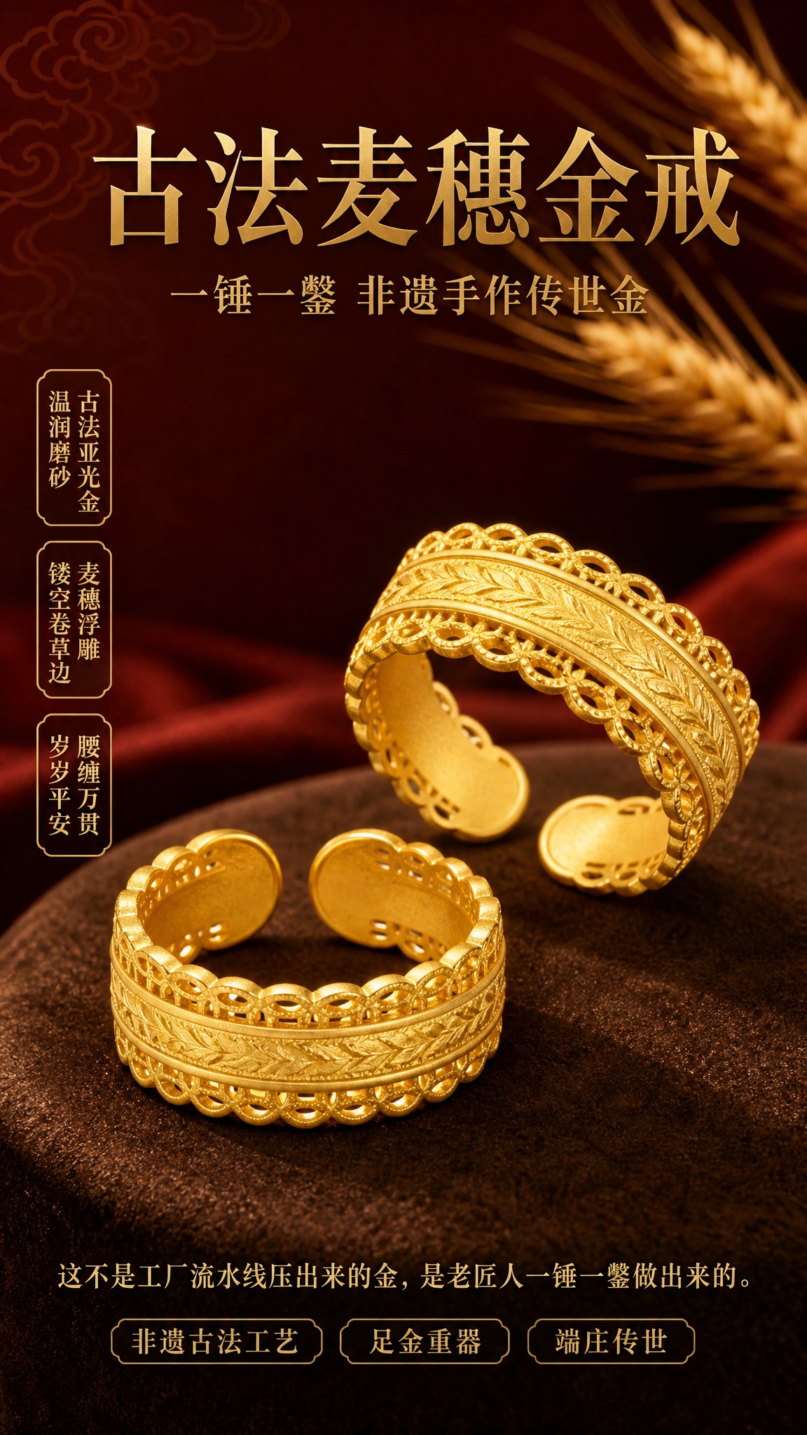 国风古法金戒电商营销海报，9:16竖版，东方美学非遗手作风格，… - 图片创意预览