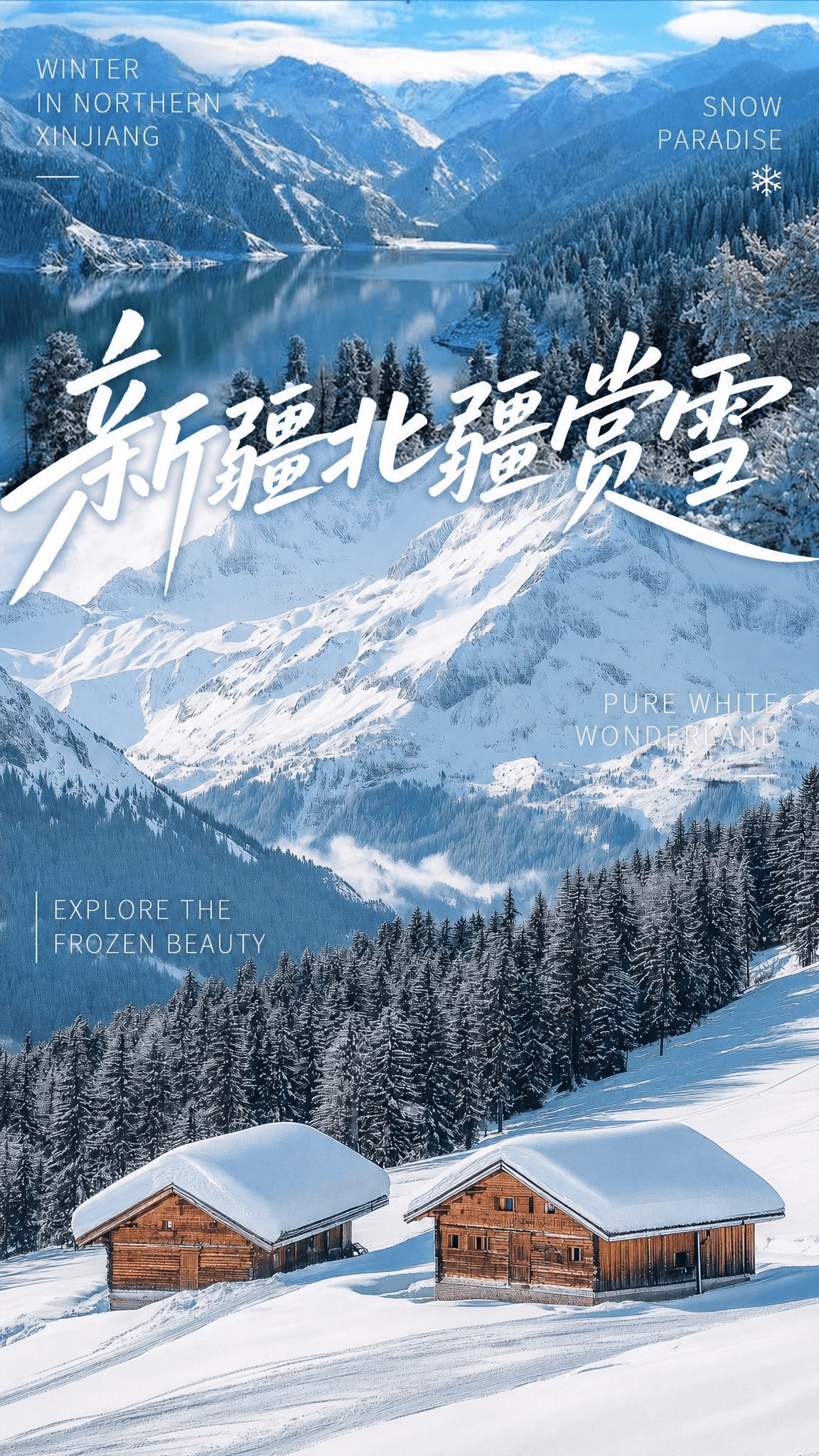 基于这张新疆北疆雪景海报，在画面的负空间位置（左上天空区域、右… - 图片创意预览