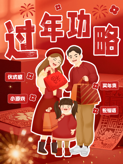 春节攻略指南通用插画风小红书封面预览效果