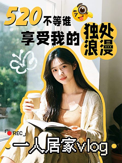 520情人节单身爱自己vlog小红书视频封面五月营销居家独处网红封面