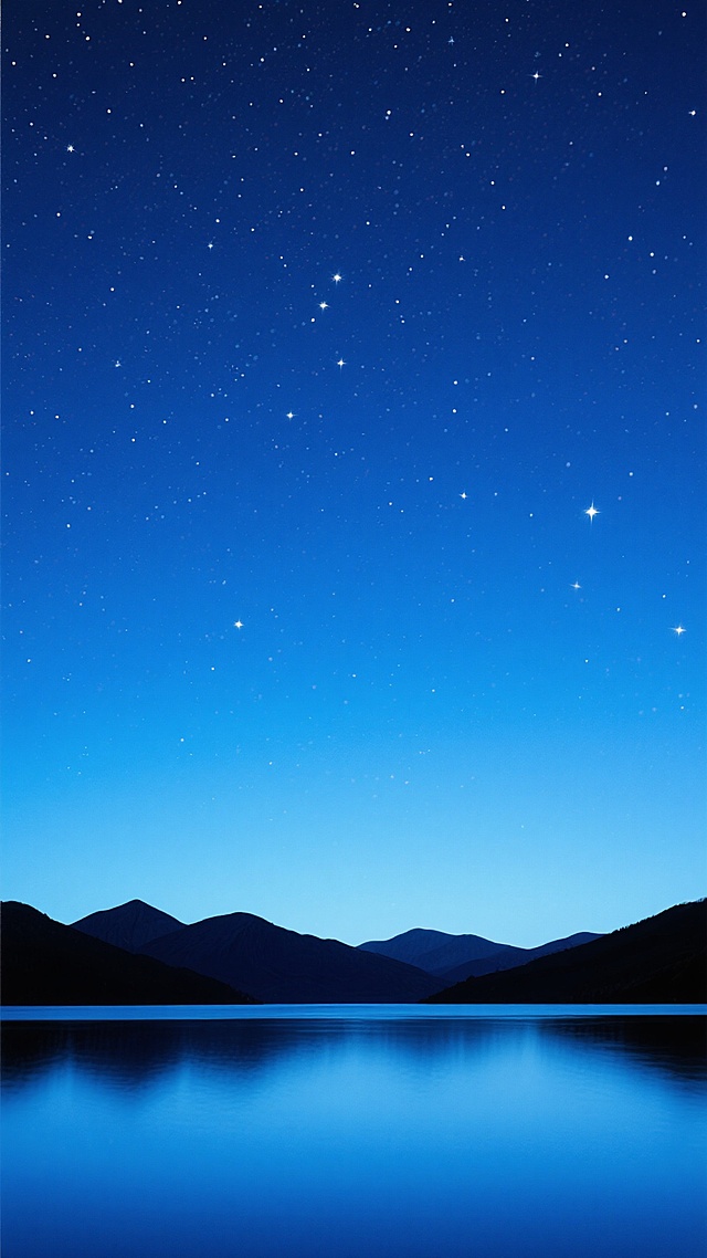 深蓝色渐变夜空布满密集闪烁的白色星星，星空从深邃靛蓝渐变为明亮的湖蓝色，底部是轮廓分明的黑色山脉剪影，山脉下方是平静如镜的深蓝色湖面，整体呈现出宁静、悠远、神秘的氛围，画面简洁，色彩和谐统一，具有极高的视觉舒适度和自然美感。