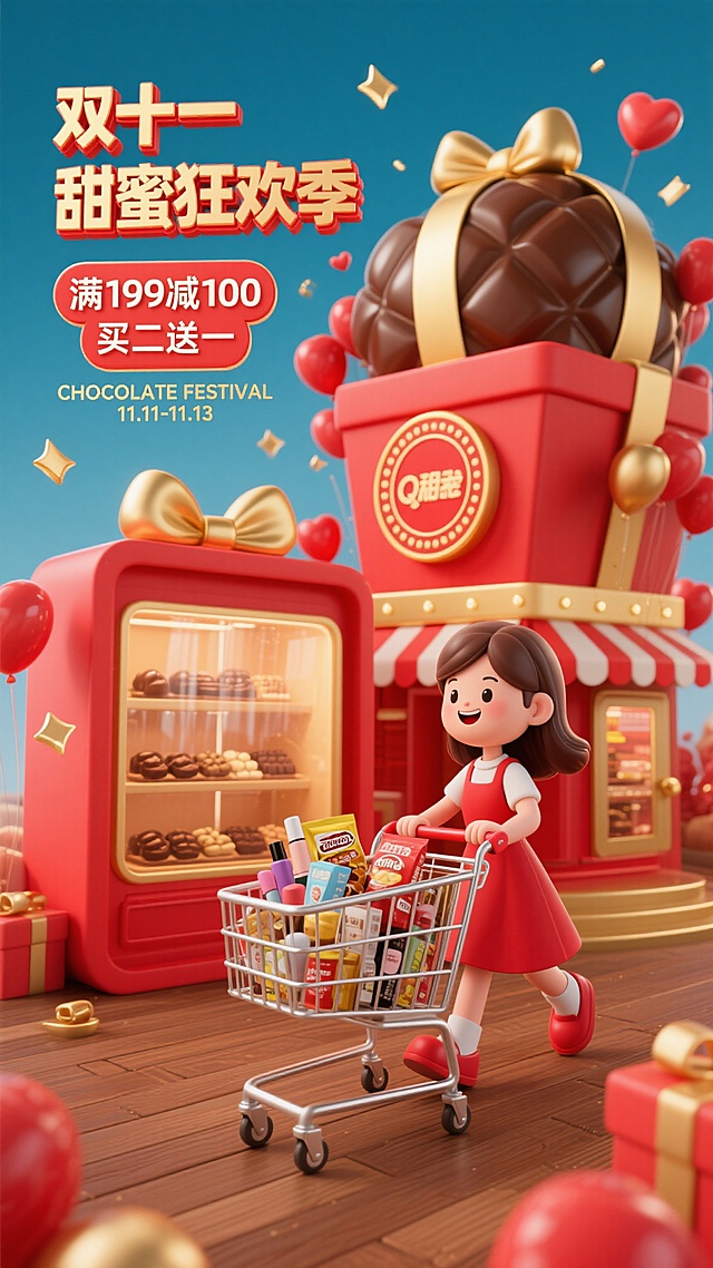 3D Q版迷你风格双十一海报，穿红色裙子的女生推着装满物品的购物车，购物车内有零食、化妆品等商品，女生面带微笑向前迈步。背景是巨型气球巧克力礼盒建筑，红色盒体上有金色圆形店招牌，透明气球窗户内可见多层巧克力展示架。整体色调以红色、棕色和金色为主，地面为棕色木质地板，礼盒建筑顶部装饰金色蝴蝶结，周围点缀金色闪光和红色爱心元素。画面右侧为视觉中心，左侧上方有主标题“双十一甜蜜狂欢季”（方正综艺体变体，金色立体字配红色描边），下方副标题“满199减100 买二送一”（圆形字体，红色填充金色描边），底部小字“CHOCOLATE FESTIVAL 11.11-11.13”（轻盈纤细英文字体，浅金色）