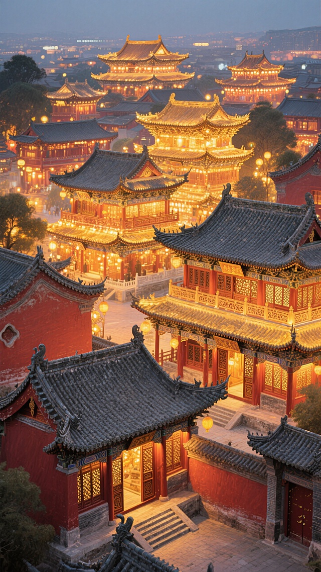 以写实油画风格呈现灯火辉煌、气势恢宏的古建筑群，细腻地描绘出古建筑群在璀璨灯光映照下的独特韵味，展现出其精美的建筑细节与华丽的光影交织效果。