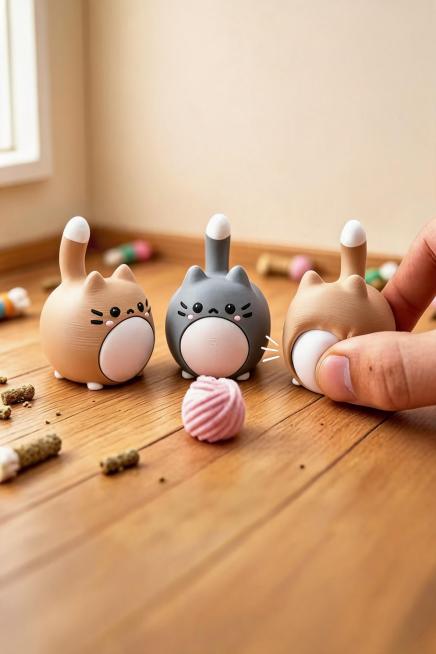 跨境电商主图，解压玩具猫咪屁屁造型摆件，手指按压回弹动态展示，突出解压慢回弹特性，特写产品回弹效果，2:3主图构图，高清商业摄影预览效果