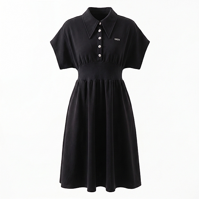 黑色polo领收腰连衣裙，服装颜色、版型和细节100%保留不变，Logo文字原样保留。这件服装穿在隐形人体模型上，立体悬浮展示效果，正面平视视角，自然垂坠的布料褶皱，无人物、无真实模特身体、无衣架。纯白色背景，专业柔和棚拍光影，无阴影，服装居中放置，图片尺寸1440*1440。商业电商摄影，8K分辨率，极高材质细节。严格锁定宽高比为1:1