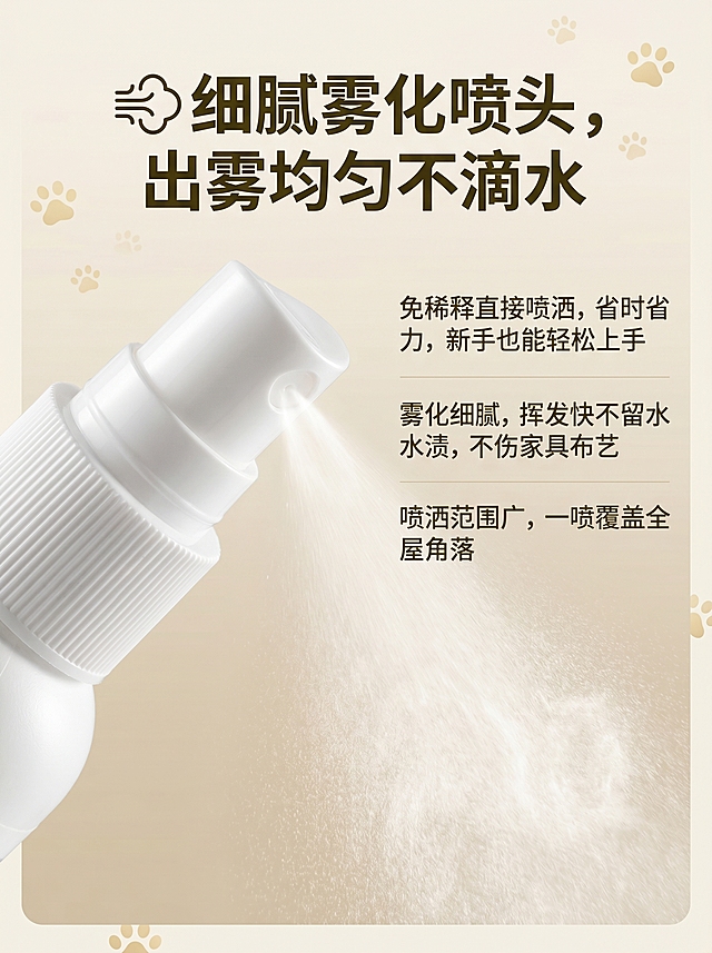 [主图4] 雾化喷头细节页主图，氛围风格清新柔和宠物用品商业风，画质商业摄影质感光线柔和通透产品清晰真实画面干净高级，元素产品喷头特写展示细腻喷雾效果搭配喷雾扩散效果示意图和无水滴落的场景对比，背景是浅米色渐变加浅金色爪印点缀延续清新柔和风格，保持产品外观物理结构材质质感颜色与输入产品图绝对一致杜绝任何变形和色差精细化处理，商品主体喷头特写占比严格控制在70%左右画面满屏无边框，光影柔和均匀主光聚焦打亮喷头特写区域突出喷雾细腻质感辅光填充背景暗部，配色主色调浅米色搭配浅金色和浅薄荷绿点缀，视角构图特写聚焦喷头的近景构图景深较浅突出喷头细节，文字版式主标题「💨 细腻雾化喷头，出雾均匀不滴水」大号粗体无衬线字放置在画面顶部居中，分点说明文字「免稀释直接喷洒，省时省力，新手也能轻松上手」「雾化细腻，挥发快不留水渍，不伤家具布艺」「喷洒范围广，一喷覆盖全屋角落」分三行左对齐排列在喷头特写右侧区域，文字颜色为深棕绿与浅米色背景形成强烈对比清晰易读，文字不遮挡喷头主体，比例分辨率3:4比例2k分辨率文字清晰锐利画面超高清，负向提示词变形水印文字错乱产品图模糊背景杂乱