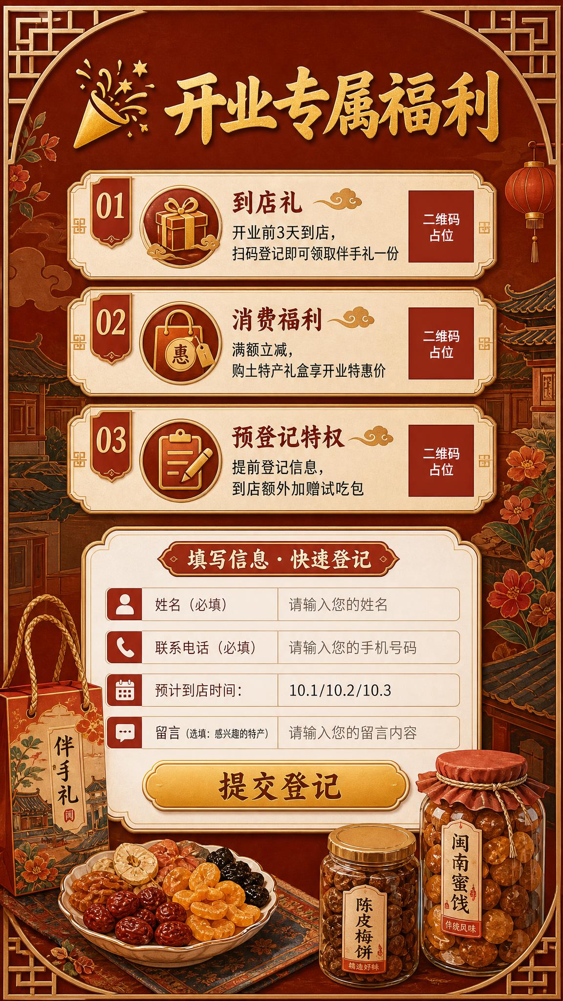 闽南古风新中式开业福利活动海报，9:16竖版。暖棕红底色，顶部… - 图片创意预览
