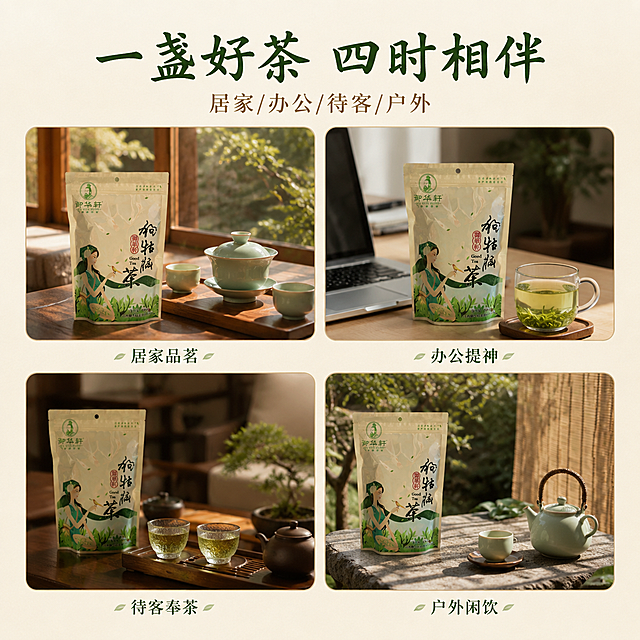 [第6屏] 场景种草屏-狗牯脑茶多场景饮茶生活方式。本屏使用【图1】作为产品包装，融入各场景中。
[氛围/风格] 生活方式摄影风，温馨治愈，真实场景感，东方雅致。
[元素布局] 画面采用2×2四宫格场景拼图，每格圆角卡片：左上「居家品茗」——窗边木桌，青瓷茶具，【图1】茶袋置于旁，阳光斜照；右上「办公提神」——简约办公桌，笔记本电脑旁一杯清茶，茶袋半露；左下「待客奉茶」——中式客厅，茶盘上两杯热茶，茶袋在侧；右下「户外闲饮」——庭院石桌，竹帘背景，一壶一杯；四场景均自然融入产品包装，保持外观一致。
[光影质感] 自然光为主，暖调柔和，每个场景独立光影，整体色调统一温暖。
[配色色系] 全局底色 #F5F0E8（暖米灰）；主色木棕 #8B6F47；辅助色米白、浅绿、暖黄；点缀色深绿。
[视角构图] 四宫格对称布局，阅读动线左上→右上→左下→右下，每格独立场景。
[文字版式] 顶部居中主标题「一盏好茶 四时相伴」书法体，副标题「居家/办公/待客/户外」宋体；四宫格下方分别标注「居家品茗」「办公提神」「待客奉茶」「户外闲饮」，深绿小字；字色深绿+暖棕，字体风格统一。
[比例分辨率] 1:1 方图比例，4K 分辨率，文字清晰可辨，高清画质。
[负向提示词] 包装袋变形，包装文字错乱，颜色偏差，水印，文字过小，人物面部畸形，场景虚假，背景杂乱。