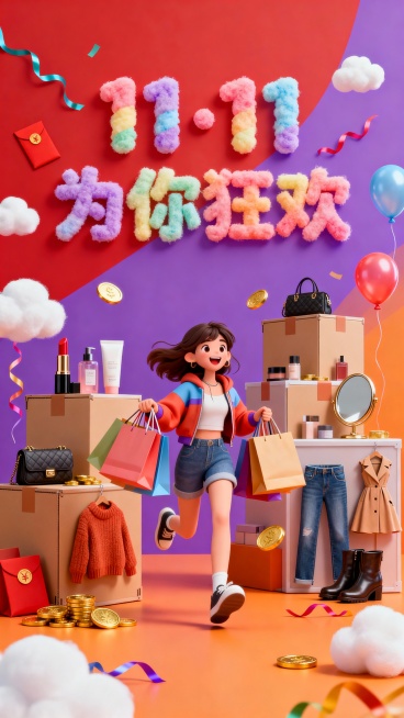 “11·11 为你狂欢”文字上下两行，居中居上，主体文字由彩色棉花糖组成，3D卡通梦幻风。文字下方是一个身着潮流休闲服、手拎多个购物袋、面带笑容奔跑的女孩。女孩身后是高低错落的商品陈列区，箱体上摆放着预览效果