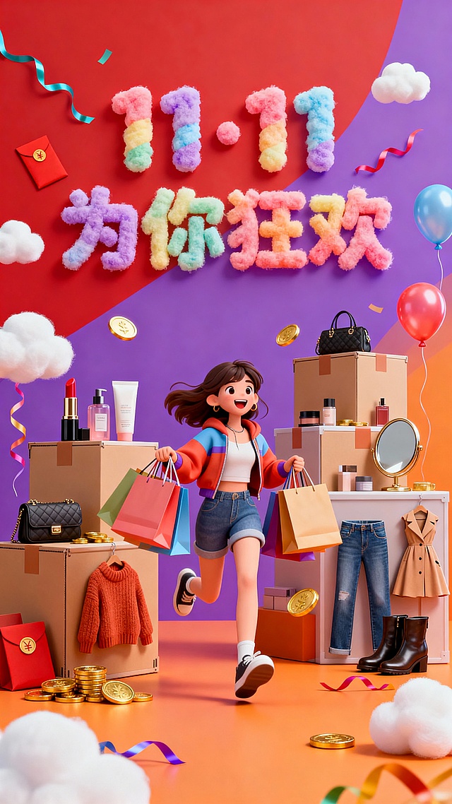 软3D风格，毛绒质感字体，卡通人物奔跑购物，色彩鲜艳，气球彩带环绕，营造11.11节日促销狂欢氛围。