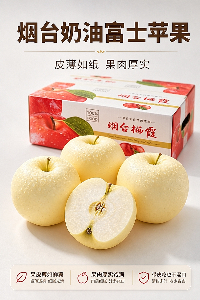[商品] 使用【图1】【图3】中的烟台奶油富士苹果（含整果与切面素材）及【图1】【图2】中的包装箱；保留苹果奶黄色带浅金色泽的薄果皮、细腻质地、端正果形、光洁果面、翠绿果梗、乳白色果肉；保留包装箱瓦楞纸长方体结构、正面红色苹果图案、绿叶、"烟台栖霞"红色书法字体、"100% FOOD"标识、金色装饰条及整体版式，箱子样式与用户提供商品图完全一致；苹果处理：切面展示薄果皮与厚实果肉的对比，整果果形端正，增强果皮薄透质感与果肉细腻度，不改变颜色和结构。
[画面] 京东详情页竖屏皮薄肉厚卖点页，目标突出皮薄如纸、果肉厚实的品质。极简浅灰色背景，干净高级。前景4个山东烟台奶油富士苹果紧凑摆放，后侧3个弧形排开略微抬高，前侧1个略微降低，半圆形构图，其中前侧苹果可局部展示切面以体现皮薄肉厚，主体占画面约60%。背景中包装箱自然放置于苹果后方，正面朝向观众略偏，浅景深虚化。柔光左前方照亮，45度俯拍，突出果皮薄透与果肉厚实的对比。三层视觉：前景苹果主体（含切面细节）、中景包装箱、背景浅灰渐变。
[视觉] 套系策略：风格=京东极简暖调生鲜商业摄影；标题字=现代无衬线粗体（思源黑体Heavy/阿里巴巴普惠体粗体）；正文字=简洁无衬线体（思源黑体Regular）；主色=奶白暖杏；背景延展=基于浅灰色做深浅层级、同色渐变和细腻哑光质感；强调色=苹果红+浅金，仅用于小面积图标、引线和标签点缀；标题色=深暖棕（#5C3A21）；正文色=中暖灰（#7A6A5A）；组件=圆角浅底信息卡、细线引线、金色细分割线；光影=左前方柔光，右侧柔和补光，阴影自然。
[文字] 文案自上而下全部横向排版，位于画面上方与底部留白处，不遮挡苹果主体与包装箱正面。顶部大字主标题："烟台奶油富士苹果"；下方副标题："皮薄如纸 果肉厚实"；底部辅助卖点："果皮薄如蝉翼｜果肉厚实饱满｜带皮吃也不涩口"。主标题最大最醒目，副标题次之，底部文字最小但手机端可读。
[规格] 图片比例9:16竖版，尺寸640×960像素，8K高清。负向提示：避免变形、错字、文字过小、果皮过厚失真、苹果颜色改变、包装箱样式错乱、极限词、水印。