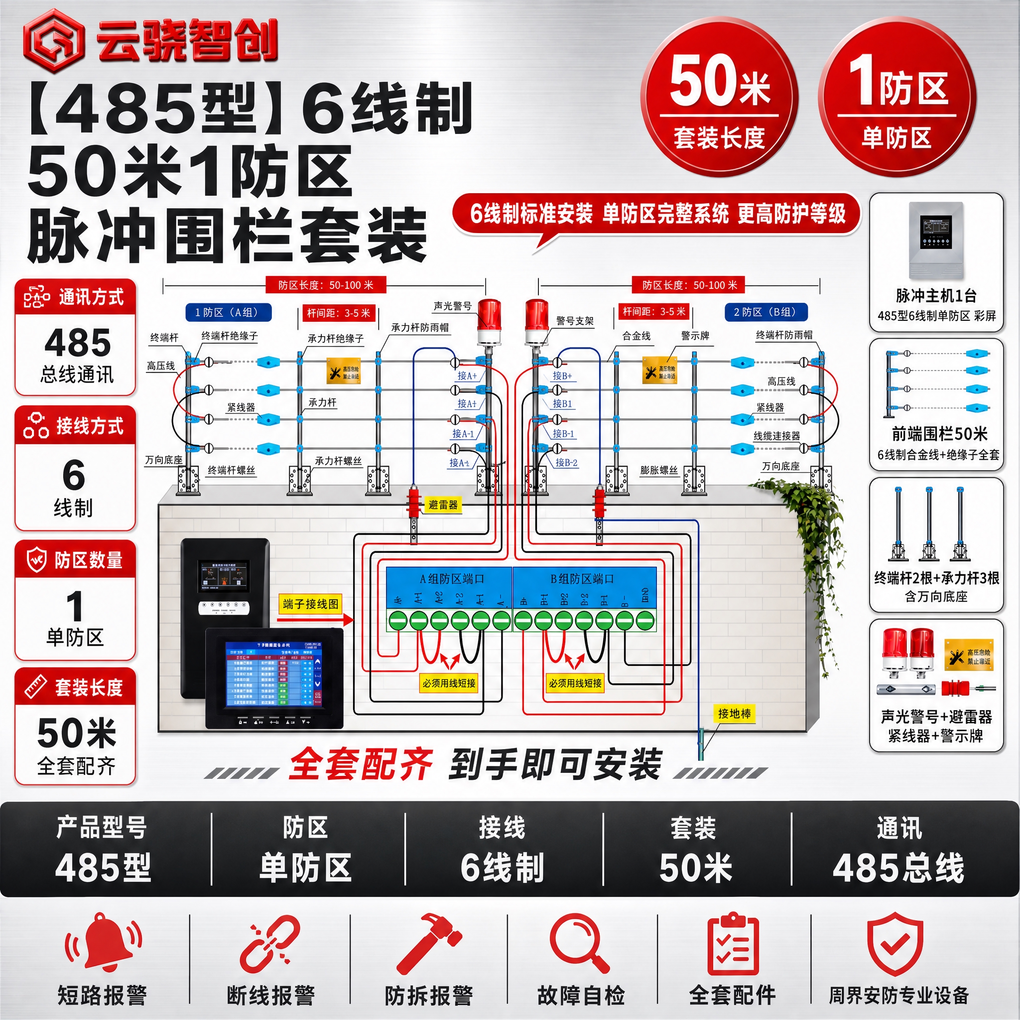 [单张主图] 【485型】6线制【50米】1防区脉冲围栏套装，… - 图片创意预览