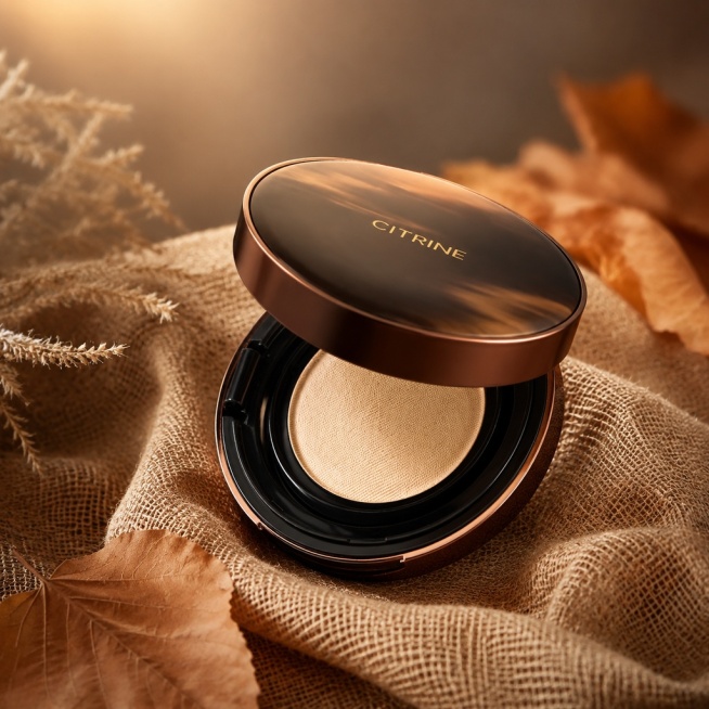 参考提供的参考图简约高级质感，为这款深棕金色气垫制作麻布秋叶暖调电商场景图，气垫斜放展示，添加柔和顶部光，复古高级氛围预览效果