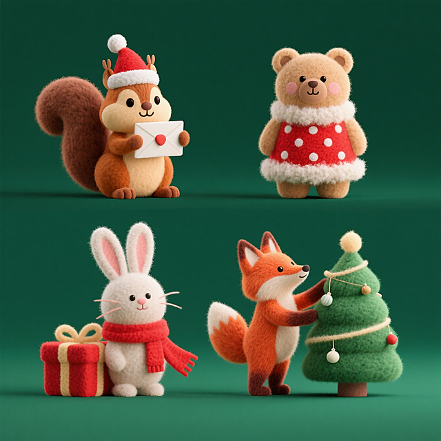 4个圣诞元素，上下两行对齐排列。分别是
1.戴圣诞帽的送信松鼠。
2.身着红底白点毛绒裙的浅棕小熊。
3.带红围巾整理礼盒的兔子。
4.装饰圣诞树的狐狸。
深绿色背景。