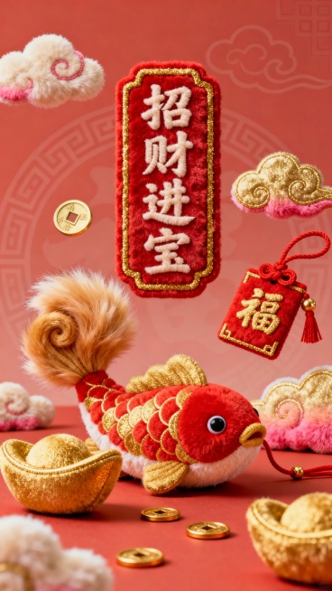 国风喜庆风格，主体为柔软蓬松的毛绒材质吉祥元素：圆滚滚的毛绒元宝（金红渐变，绒毛清晰柔软）、毛绒锦鲤（红金配色，尾巴蓬松卷曲）、毛绒铜钱（金色带红绳装饰），点缀毛绒祥云（浅金 + 粉红渐变）和毛绒福字预览效果