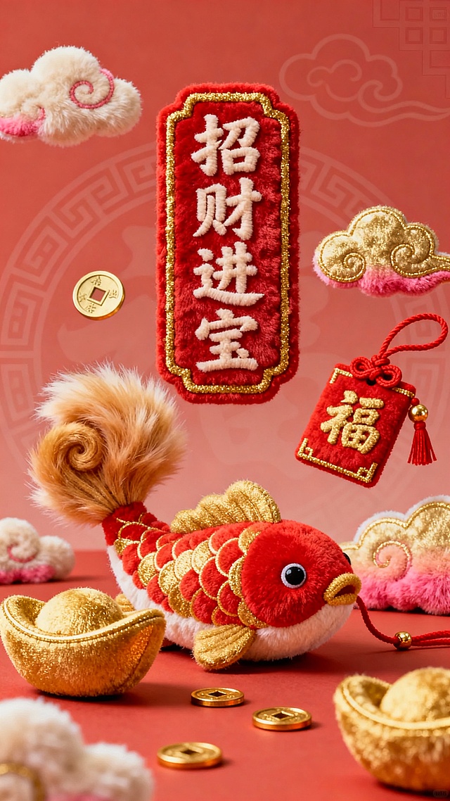 软3D毛绒质感融合刺绣风，国潮卡通锦鲤跃动喜庆红金配色，搭配毛发生长云纹与“招财进宝”字样，营造浓郁中式春节氛围。