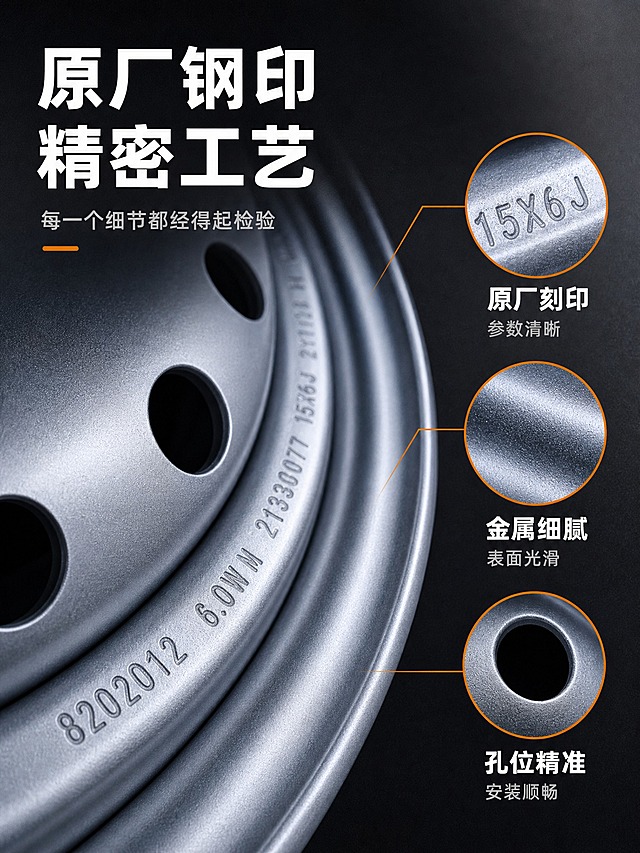 [商品] 使用【图1】五菱荣光新卡原厂加厚钢圈刻印细节；保留钢圈边缘的原厂钢印文字、15X6J刻印参数、金属表面细腻纹理；增强刻印文字的清晰度和立体感，突出精密工艺质感。
[画面] 详情页第3张，目标展示原厂钢印与精密工艺细节。特写构图，钢圈边缘刻印区域占画面主体约60%，斜向角度展示刻印文字深度和金属质感；画面右侧有3个圆形细节放大窗，分别展示刻印精度、金属纹理、孔位边缘工艺；左上角为标题区。背景为深灰色渐变，突出金属主体。
[视觉] 套系策略：风格=工业五金专业商业摄影风；标题字=粗黑无衬线粗体；正文字=简洁无衬线体；主色=深炭灰；背景延展=基于深炭灰做深浅渐变、金属质感纹理和工业光效；强调色=活力橙，仅用于小面积图标、引线、标签和重点数字；标题色=纯白色；正文色=浅灰色；组件=圆形放大窗（橙色边框）、引线标注、细节标签卡；光影=侧光斜射，突出刻印文字的凹凸立体感和金属表面纹理。
[文字] 左上角主标题"原厂钢印 精密工艺"白色粗体大字，副标题"每一个细节都经得起检验"浅灰色小字；右侧3个放大窗从上到下分别标注："原厂刻印 参数清晰"、"金属细腻 表面光滑"、"孔位精准 安装顺畅"，均为白色标题+浅灰说明文字。
[规格] 图片比例3:4竖版，2K，避免变形、错字、刻印文字模糊、金属质感失真、颜色偏差、水印、平台Logo。