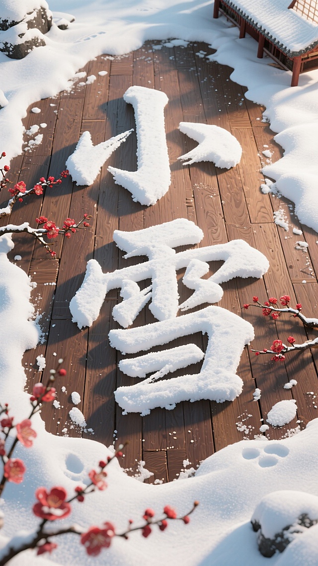 俯视视角，画面主视觉是有厚积雪的木质地板上堆出来的“小雪” 毛笔字（积雪质感真实，表面带自然起伏纹理，露出棕褐色木质纹理地板，边缘有不规则足迹）；点缀红梅装饰