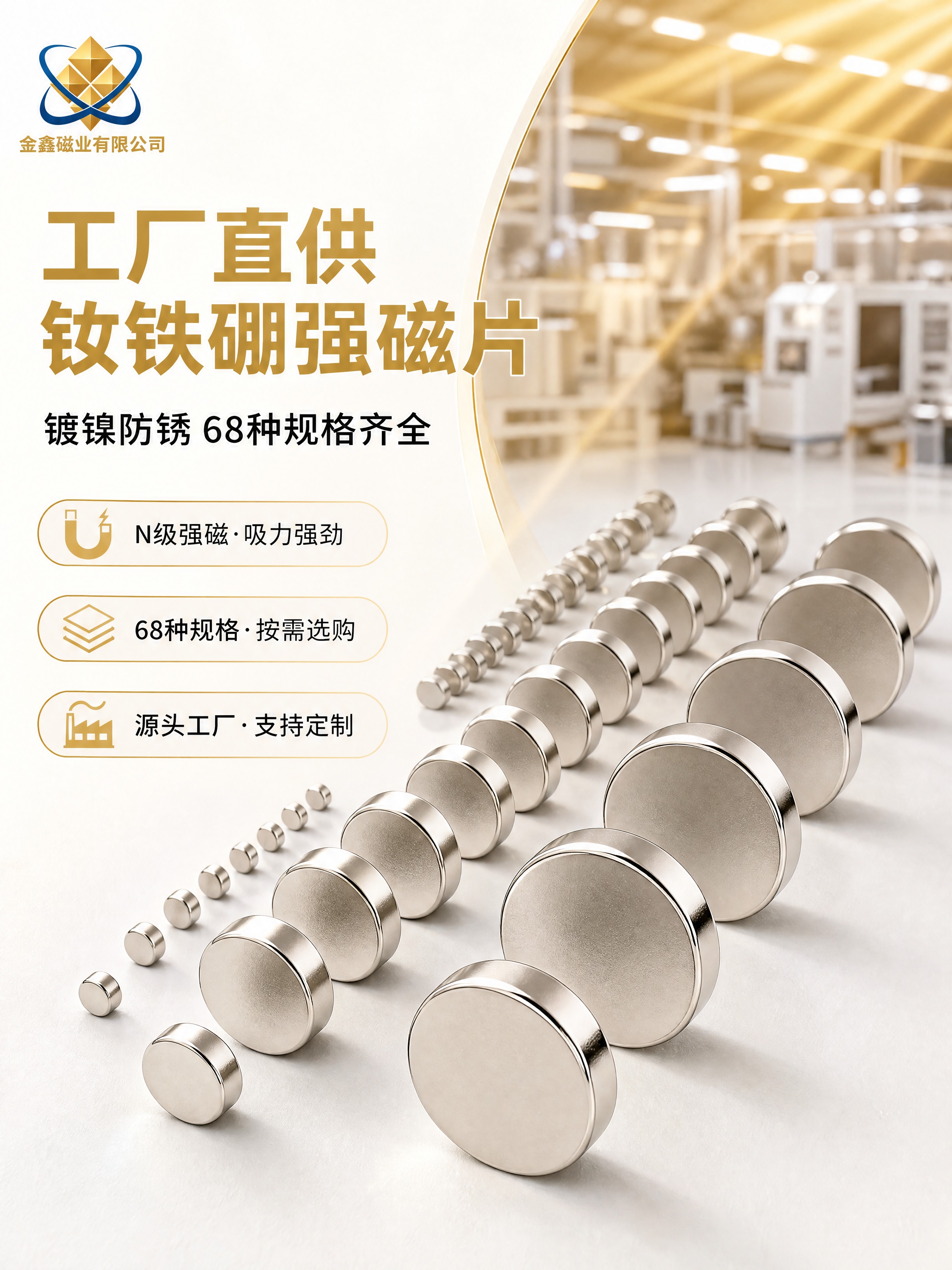 [商品] 圆形钕铁硼强磁片（镀镍亮银色圆片），多规格阶梯阵列从… - 图片创意预览